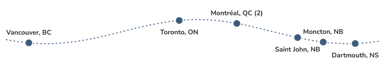 Map of shops carrying knot the end, from Vancouver to Dartmouth